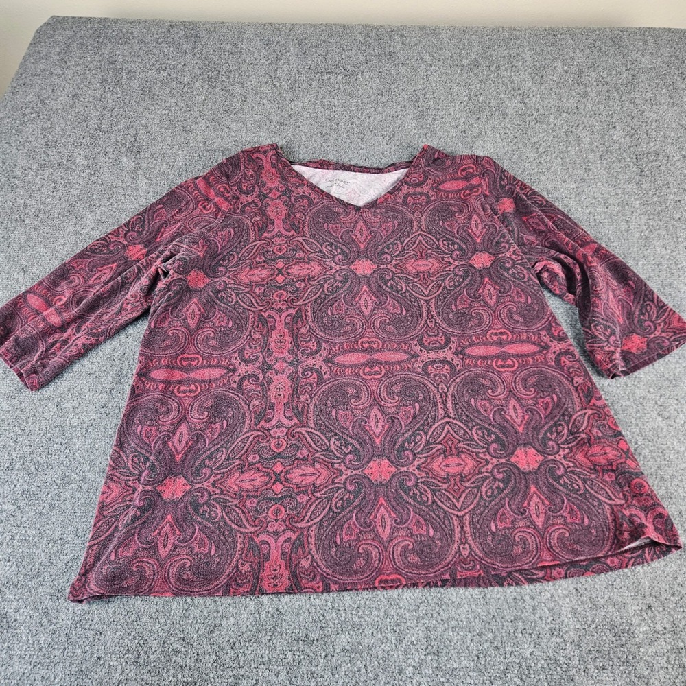Catherines Womens 0X 14/16W Red‎ Black Paisley V-Neck 3/4 Sleeve Top T-Shirt